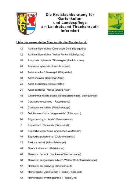 Pflanzenliste der Stauden die fuer das Staudenband beim