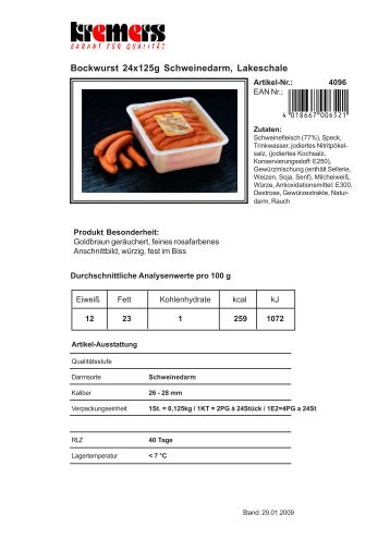 Bockwurst 24x125g Schweinedarm, Lakeschale