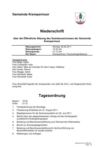 Protokoll Sozialausschuss 06.06.2011 - Gemeinde Krempermoor