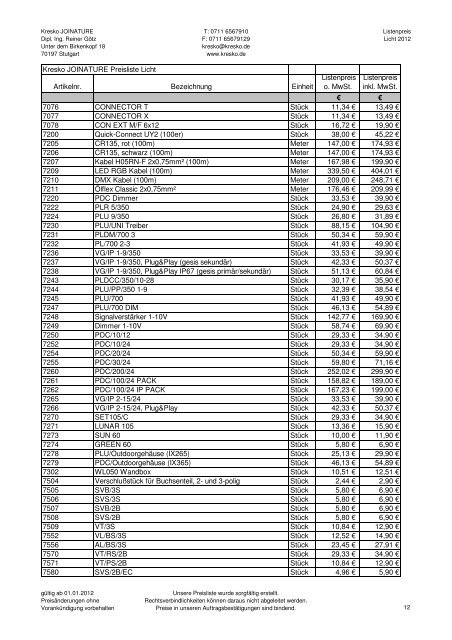 Kresko JOINATURE Preisliste Licht Artikelnr. Bezeichnung Einheit ...