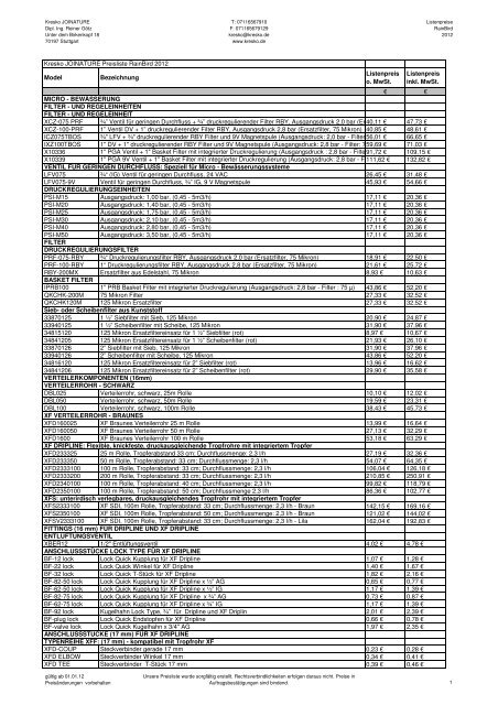 Kresko JOINATURE Preisliste RainBird 2012 Model Bezeichnung ...