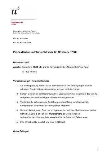 Probeklausur Strafrecht HS 2009 - Institut fÃ¼r Strafrecht und ...