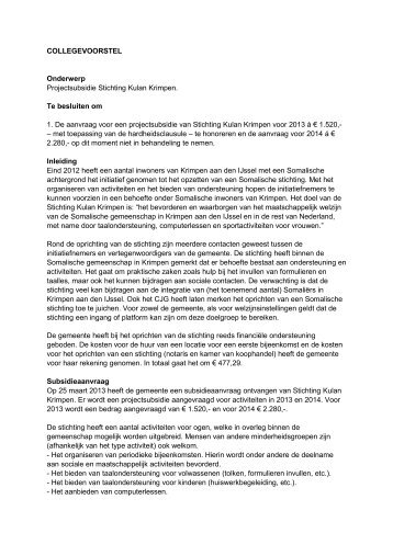 Collegevoorstel projectsubsidie Kulan Krimpen - Gemeente ...