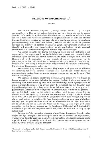 DE ANGST OVERSCHRIJDEN â¦ - Psychoanalyse Lacan - Freud