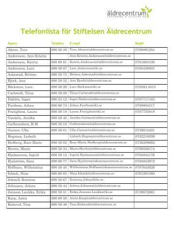 Telefonlista för Stiftelsen Äldrecentrum
