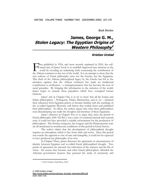 James, George GM, Stolen Legacy - KRITIKE: An Online Journal of ...