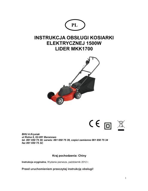instrukcja obsÅugi kosiarki elektrycznej LIDER MKK1700.pdf - Krysiak