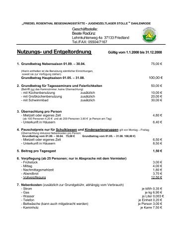 Auszug aus der Nutzungs und Entgeltordnung