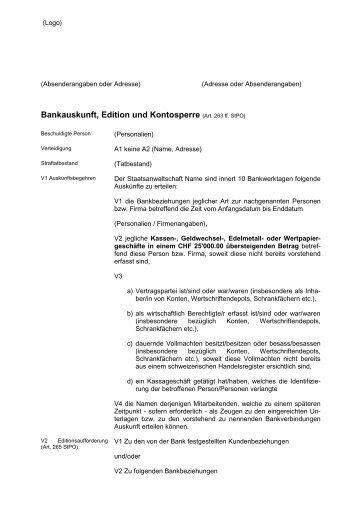 Bankauskunft, Edition und Kontosperre (Art. 263 ff. StPO) - KSBS