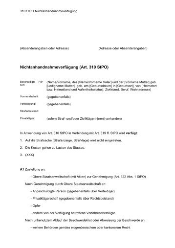 NichtanhandnahmeverfÃ¼gung (Art. 310 StPO) - KSBS