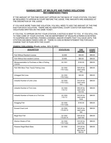 kansas dept. of wildlife and parks violations recommended fines