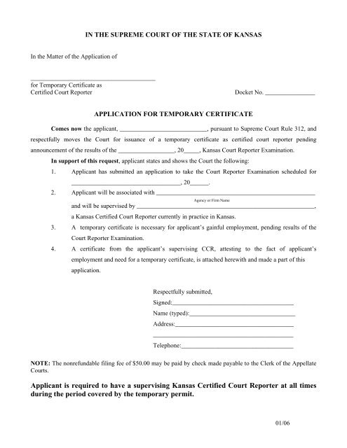 Application for a Temporary Certificate - Kansas Judicial Branch