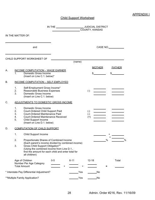 APPENDIX I Child Support Worksheet Kansas Judicial Branch