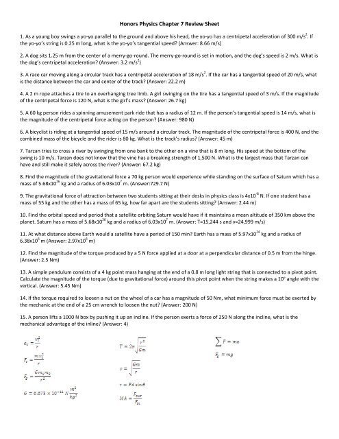Honors Physics Chapter 7 Review Sheet
