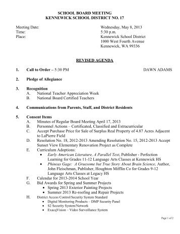 School Board Meeting Agenda - Kennewick School District