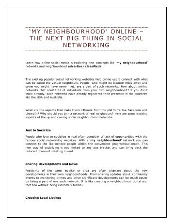 ‘My Neighbourhood’ Online – The Next Big Thing in Social Networking