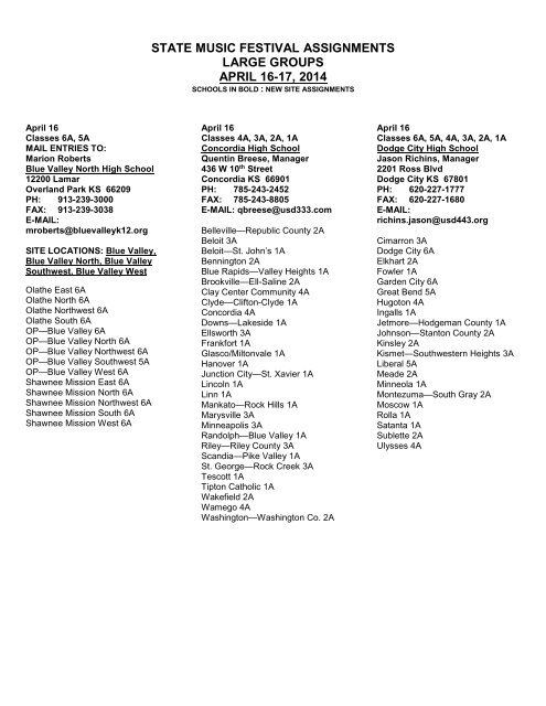 state music festival assignments - large groups - kshsaa