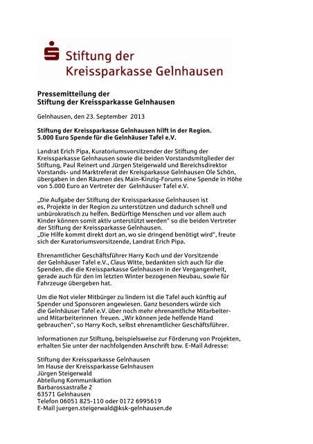 Pm Stiftung Tafel Spende Kreissparkasse Gelnhausen