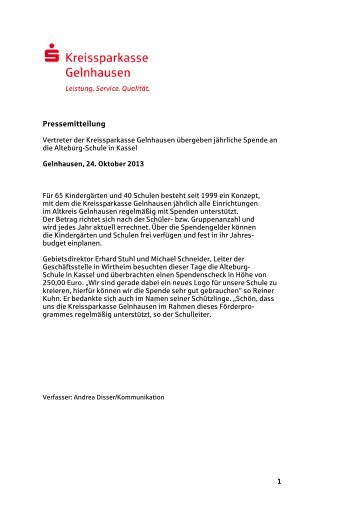 Schulspende Alteburgschule Kassel - Kreissparkasse Gelnhausen