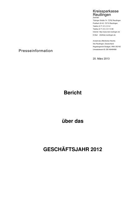 Presseinformation | Bericht Ã¼ber das GeschÃ¤ftsjahr 2012