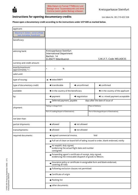 Instructions for opening documentary credits Kreissparkasse Steinfurt