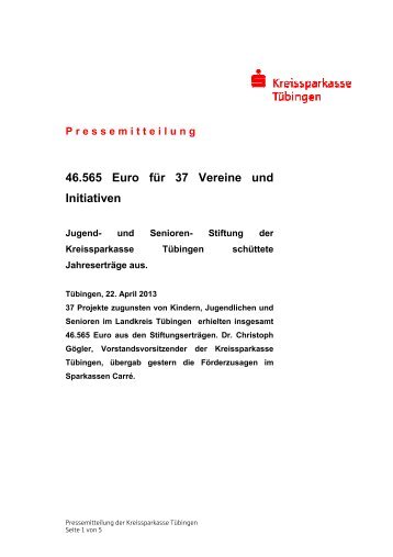 46.565 Euro für 37 Vereine und Initiativen - Kreissparkasse Tübingen