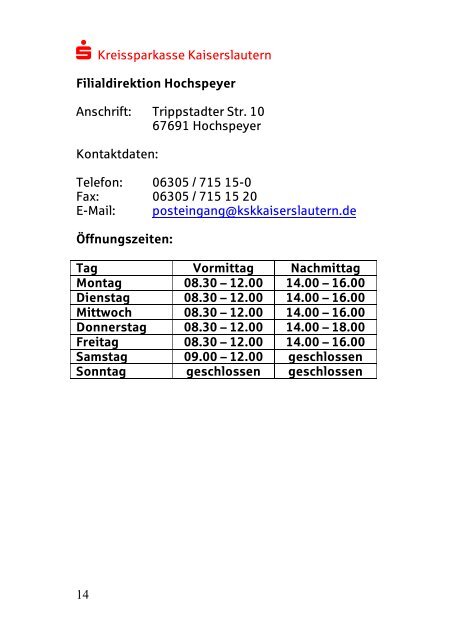 Unsere GeschÃ¤ftsstellen - Kreissparkasse Kaiserslautern