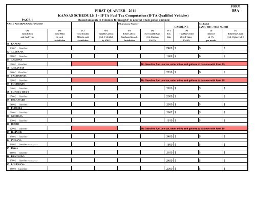 85A-First Quarter Gasoline Form - Kansas Department of Revenue