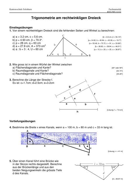 Trigonometrie am rechtwinkligen Dreieck - Kantonsschule Solothurn
