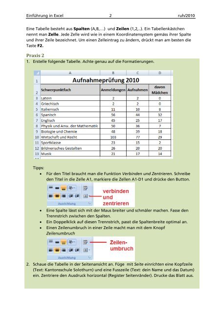 Excel - Zahlen, Tabellen, Diagramme - Kantonsschule Solothurn