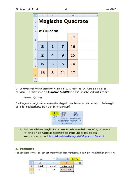 Excel - Zahlen, Tabellen, Diagramme - Kantonsschule Solothurn