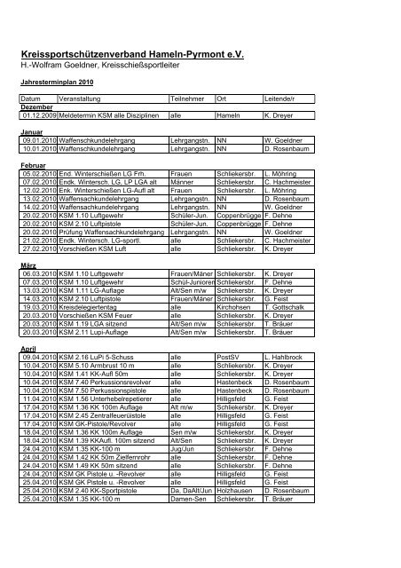 Jahresterminplan 2010 - KreissportschÃ¼tzenverband Hameln-Pyrmont