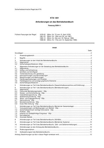 KTA 1201 (2009-11) Anforderungen an das Betriebshandbuch