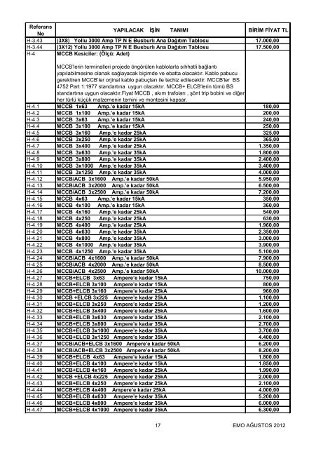 Elektrik Tesisatları Asgari Birim Fiyat Listeleri - Ktemo