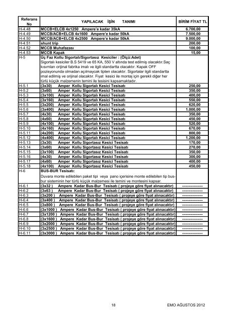 Elektrik Tesisatları Asgari Birim Fiyat Listeleri - Ktemo