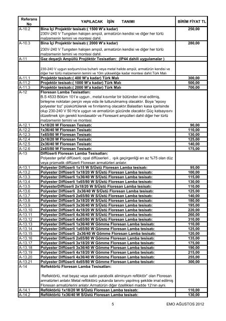 Elektrik Tesisatları Asgari Birim Fiyat Listeleri - Ktemo