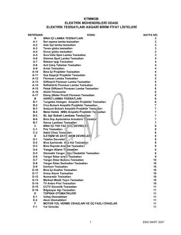 Elektrik Tesisatları Asgari Birim Fiyat Listeleri - Ktemo