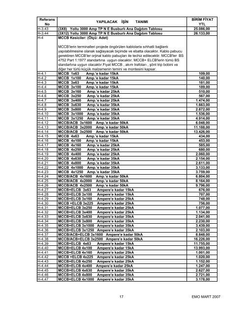 Elektrik Tesisatları Asgari Birim Fiyat Listeleri - Ktemo