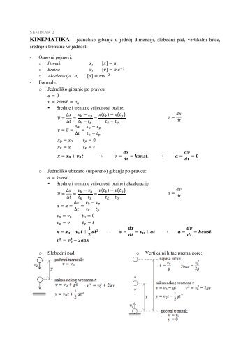 KINEMATIKA â jednoliko gibanje u jednoj dimenziji, slobodni pad ...