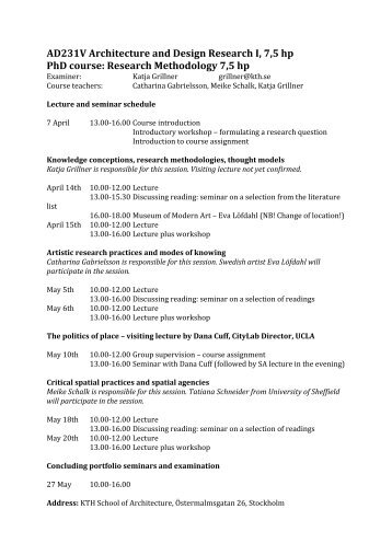 AD231V Architecture and Design Research I, 7,5 hp PhD course - KTH