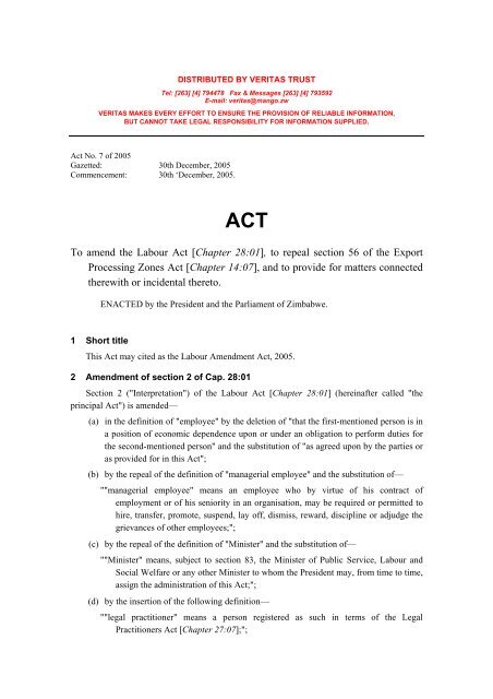 Labour Amendment Act 2005 - Act No 7 of 2005 - Kubatana