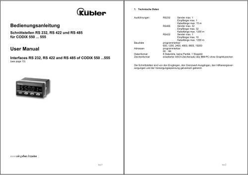 Interfacebeschreibung - Fritz KÃ¼bler GmbH ZÃ¤hl- und Sensortechnik