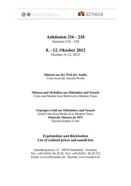 Auktionen 216 - 218 8. - 12. Oktober 2012 - Fritz Rudolf Künker
