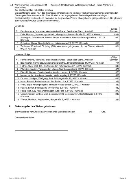 VorlÃ¤ufiges Ergebnis der Wahl des Gemeinderats