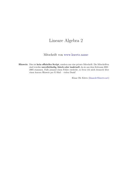 Lineare Algebra 2 - Mitschriften von Klaas Ole KÃ¼rtz