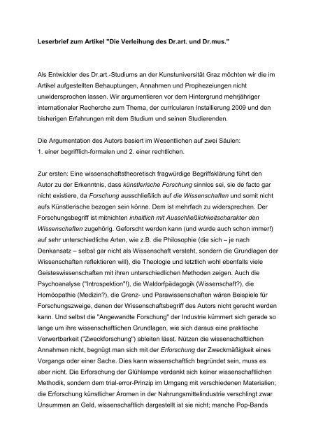 Leserbrief zum Artikel "Die Verleihung des Dr.art. und Dr.mus." Als ...