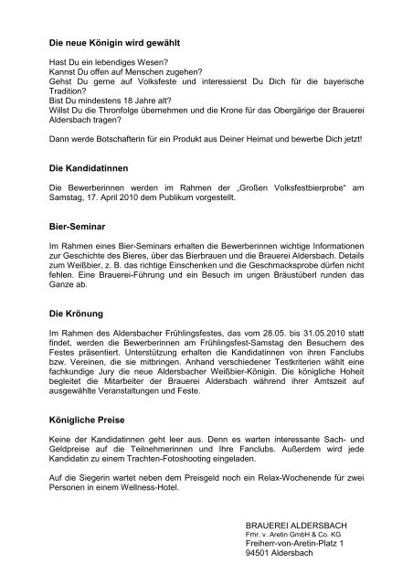 Bewerbung als Aldersbacher Weißbier-Königin 2010/2011