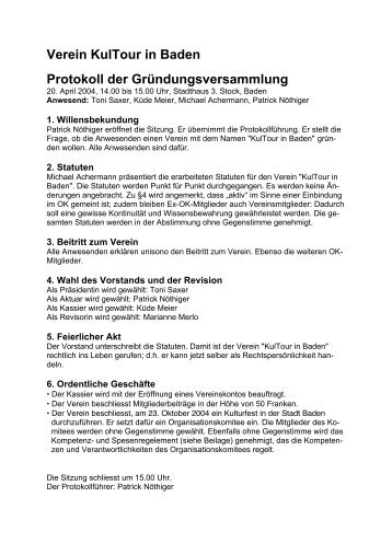 Verein KulTour in Baden Protokoll der GrÃ¼ndungsversammlung