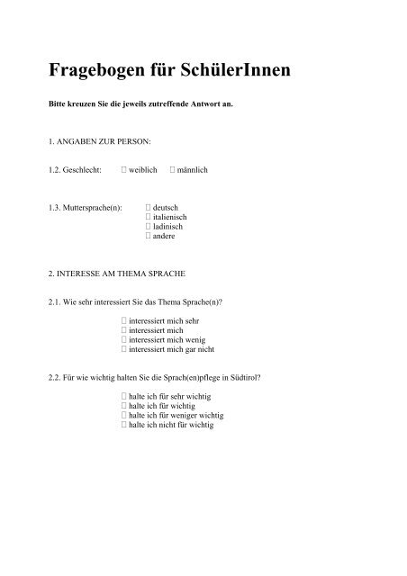 Fragebogen fÃ¼r SchÃ¼lerInnen - SÃ¼dtiroler Kulturinstitut