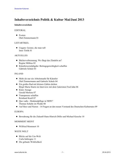 Inhaltsverzeichnis Politik & Kultur Mai/Juni 2013 - Deutscher Kulturrat